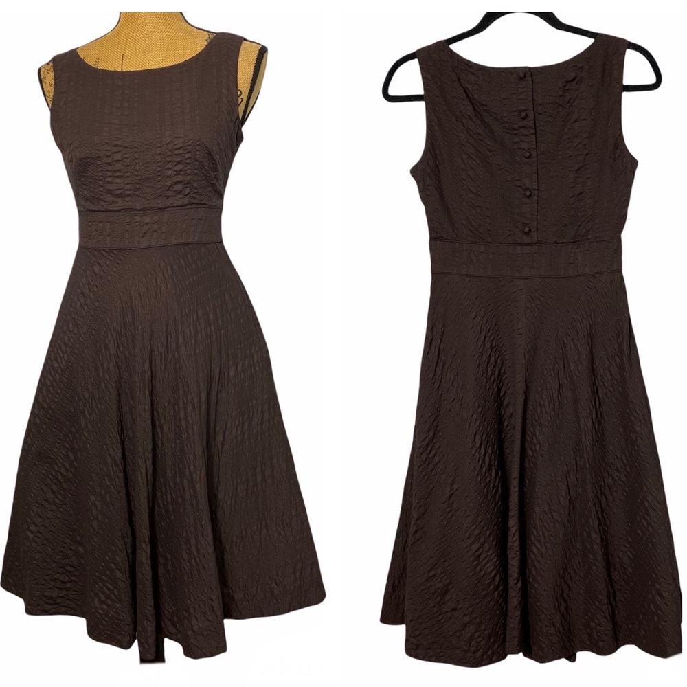 J. Crew Textured Fit & Flare Lined Boatneck Casual Office Picnic Brown Dress 4